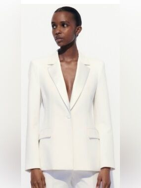 Zara Tuxedo Blazer in Oyster White, featuring a satin lapel collar, tailored fit